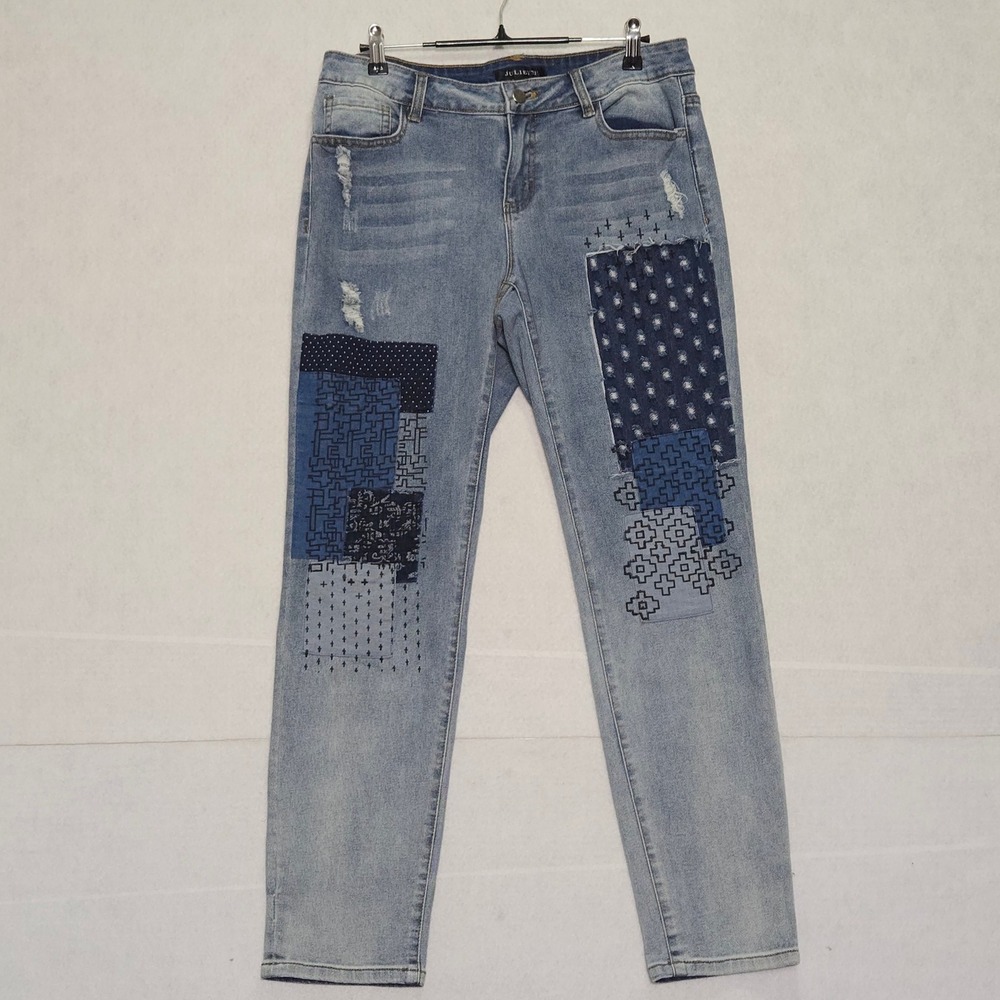 Juliette Women Blue Patchwork Ripped Jeans Size 8 Distressed Denim